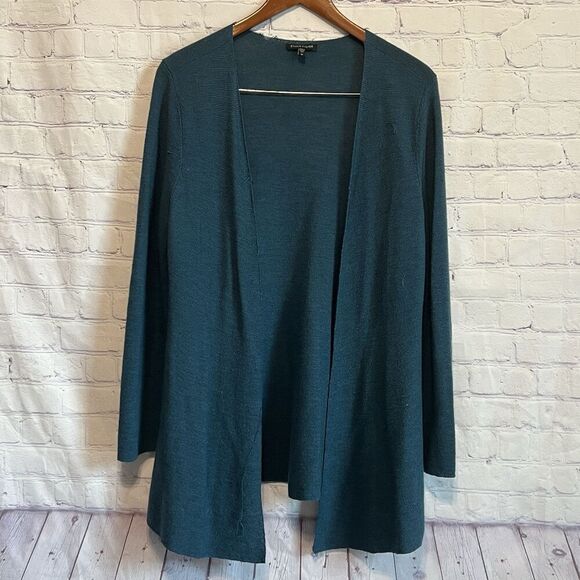 Eileen Fisher Long Line Cardigan Merino Wool Open Front Green Size Medium Mesh - Picture 1 of 11